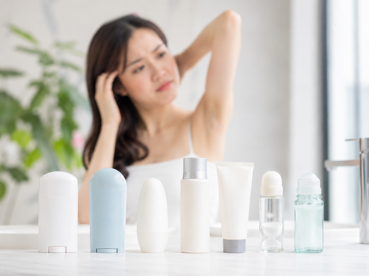 制汗剤が並んでいる前で悩む女性